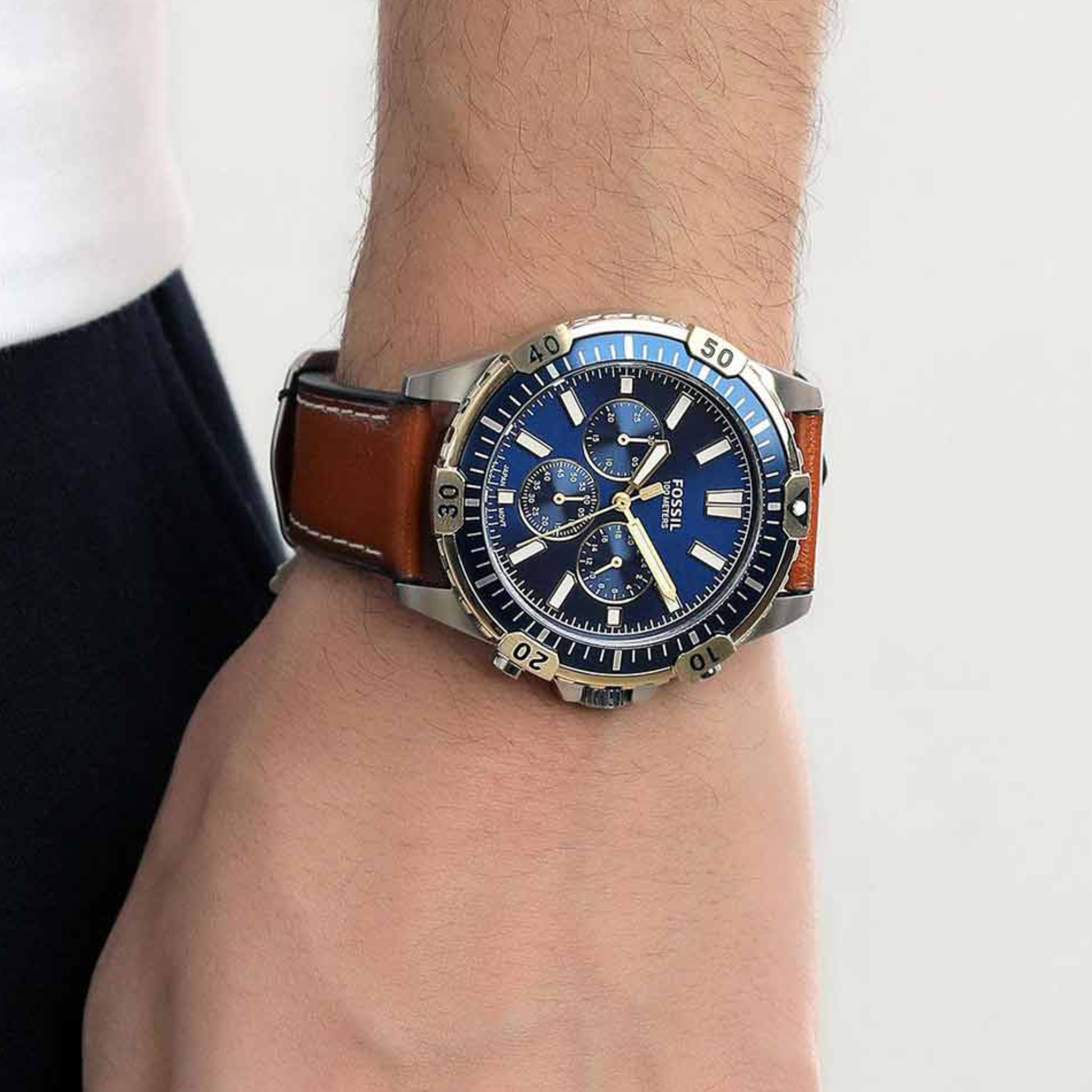Fossil Garrett Chronograph Blue Dial Brown Leather Strap Watch for Men - FS5625