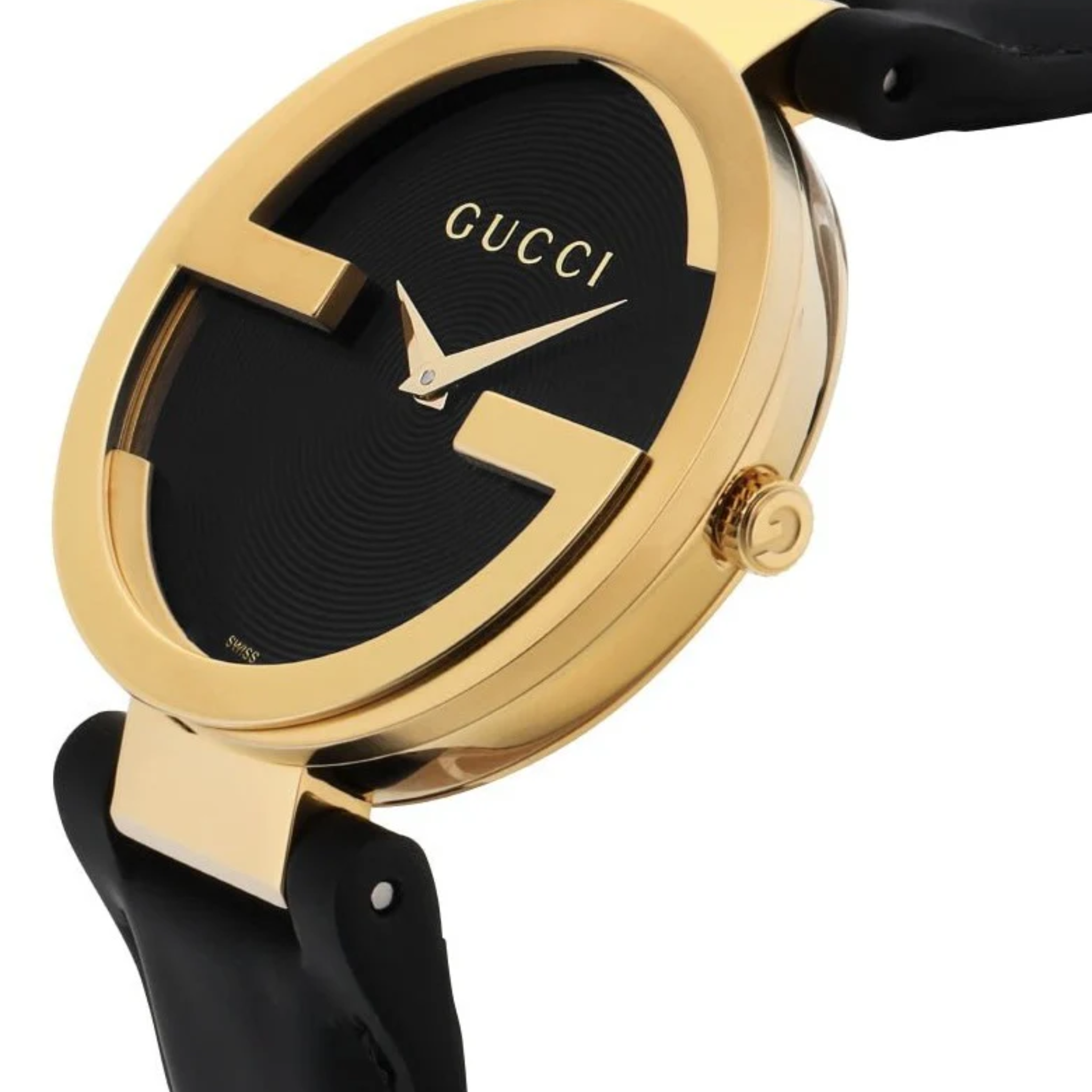 Gucci Interlocking G Gold Black Dial Black Leather Strap Unisex Watch - YA133326