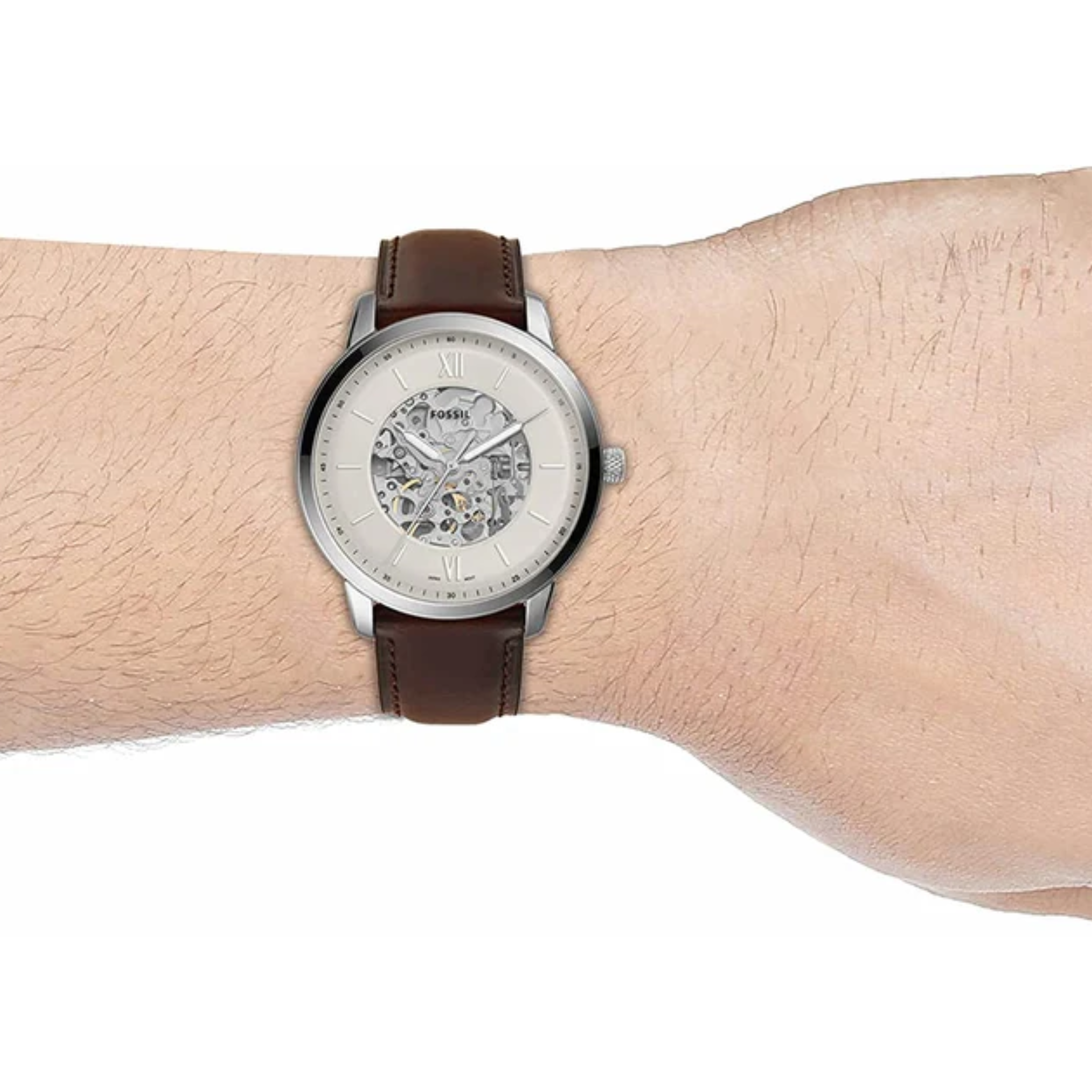 Fossil Neutra Automatic Skeleton White Dial Brown Leather Strap Watch for Men - ME3184