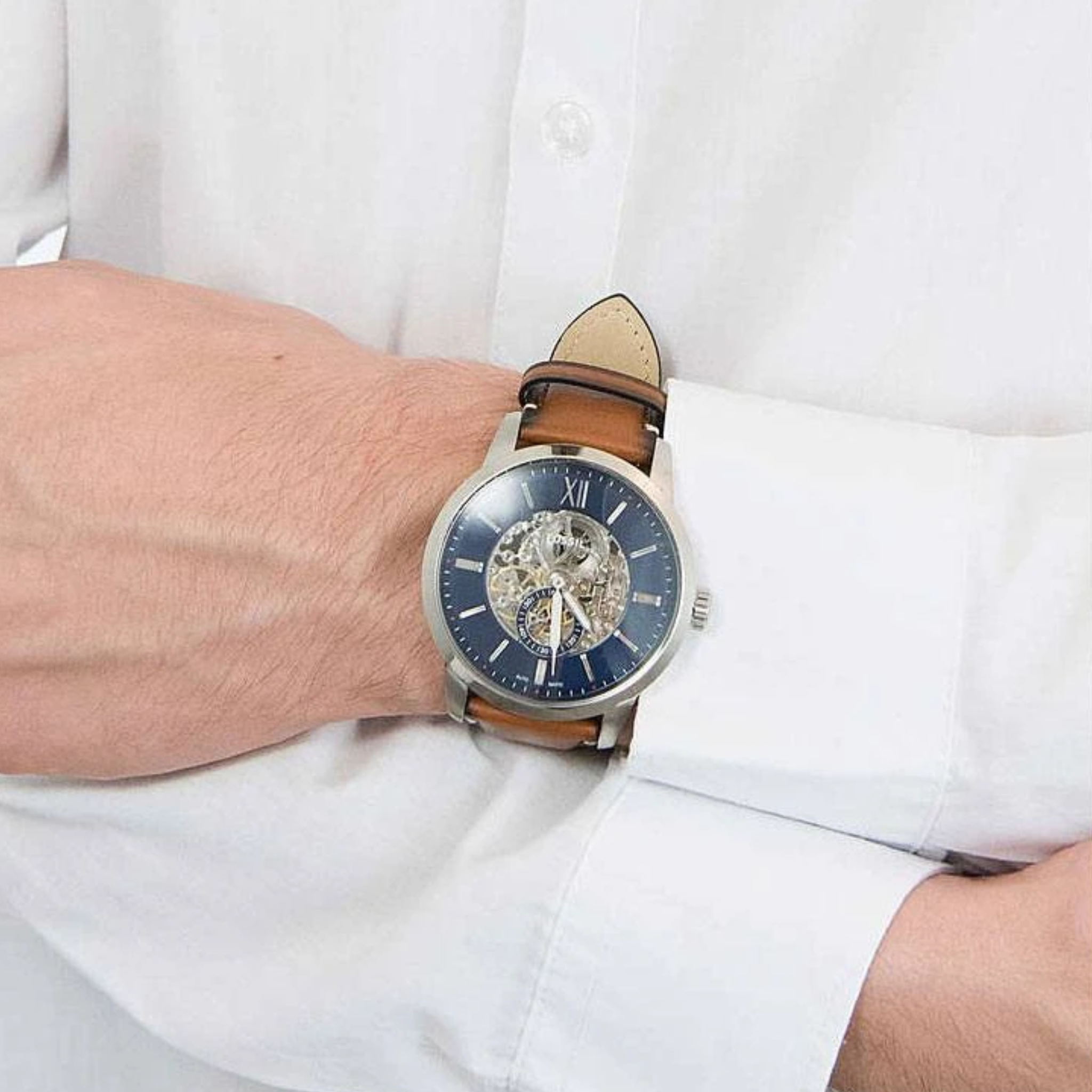 Fossil Townsman Brown Leather Strap Blue Dial Automatic Watch for Gents - ME3154
