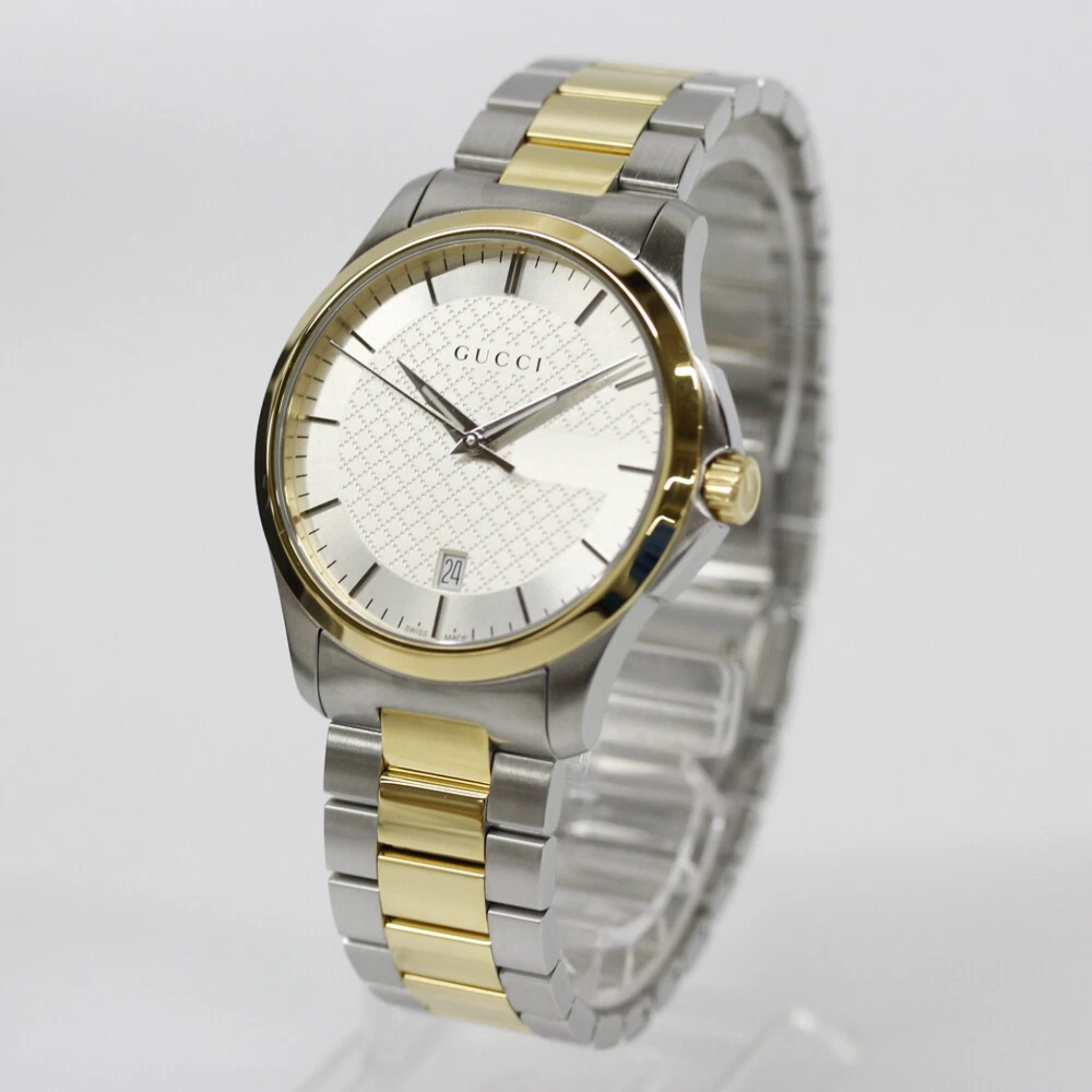 Gucci Men’s Swiss Made Quartz Two Tone Stainless Steel Silver Dial 38mm Watch YA126450