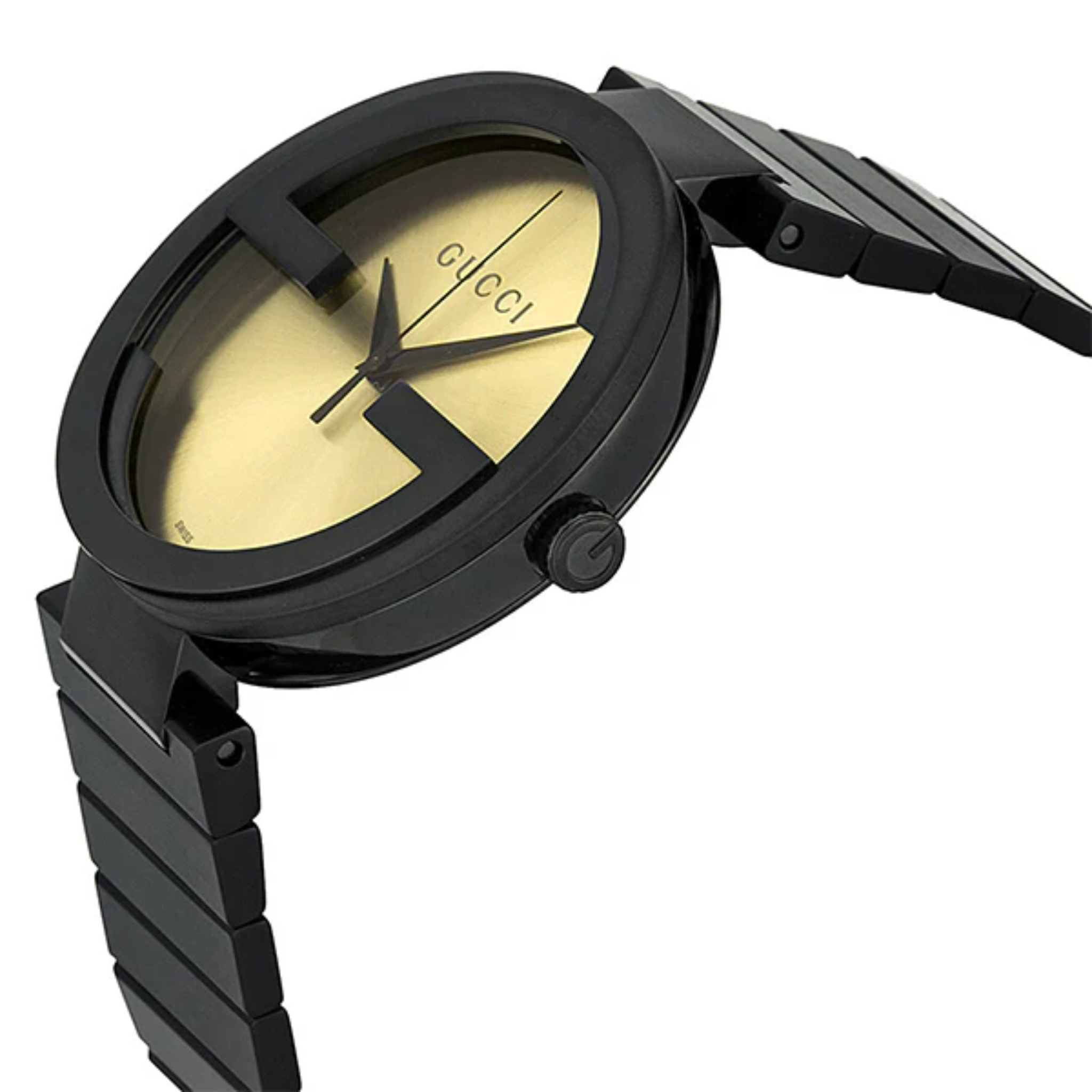 Gucci Interlocking Grammy XL Black Stainless Steel Golden Dial Quartz Watch for Gents- GUCCI YA133209
