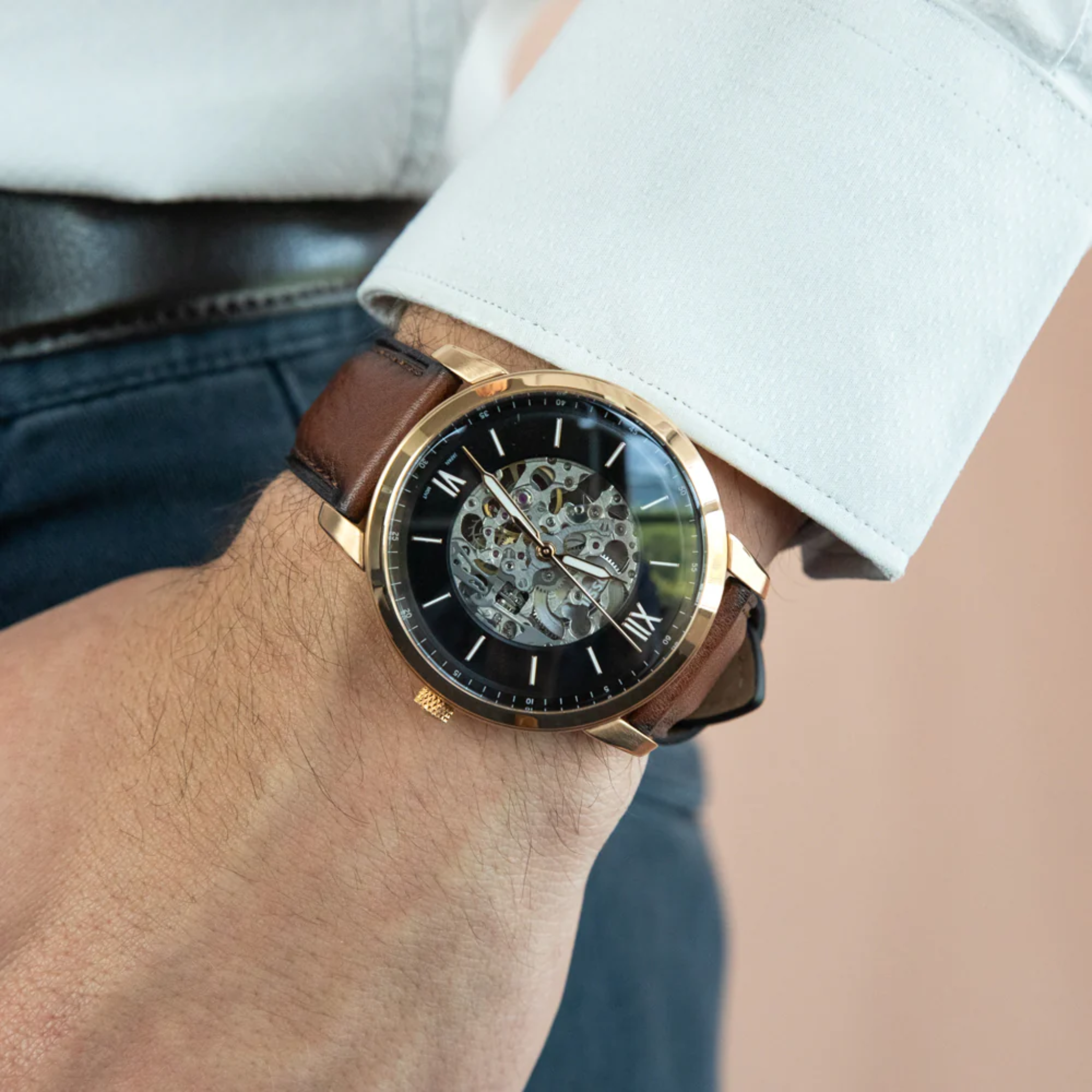 Fossil Men's Neutra Automatic Stainless Steel and Eco Leather Three-Hand Skeleton Watch, Color: Rose Gold, Brown (Model: ME3195)
