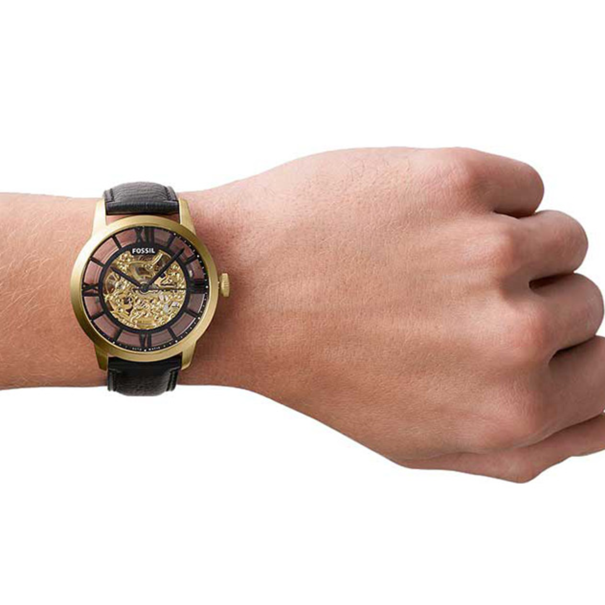 Fossil Men’s Automatic Black Leather Strap Black Skeleton Dial 44mm Watch ME3210