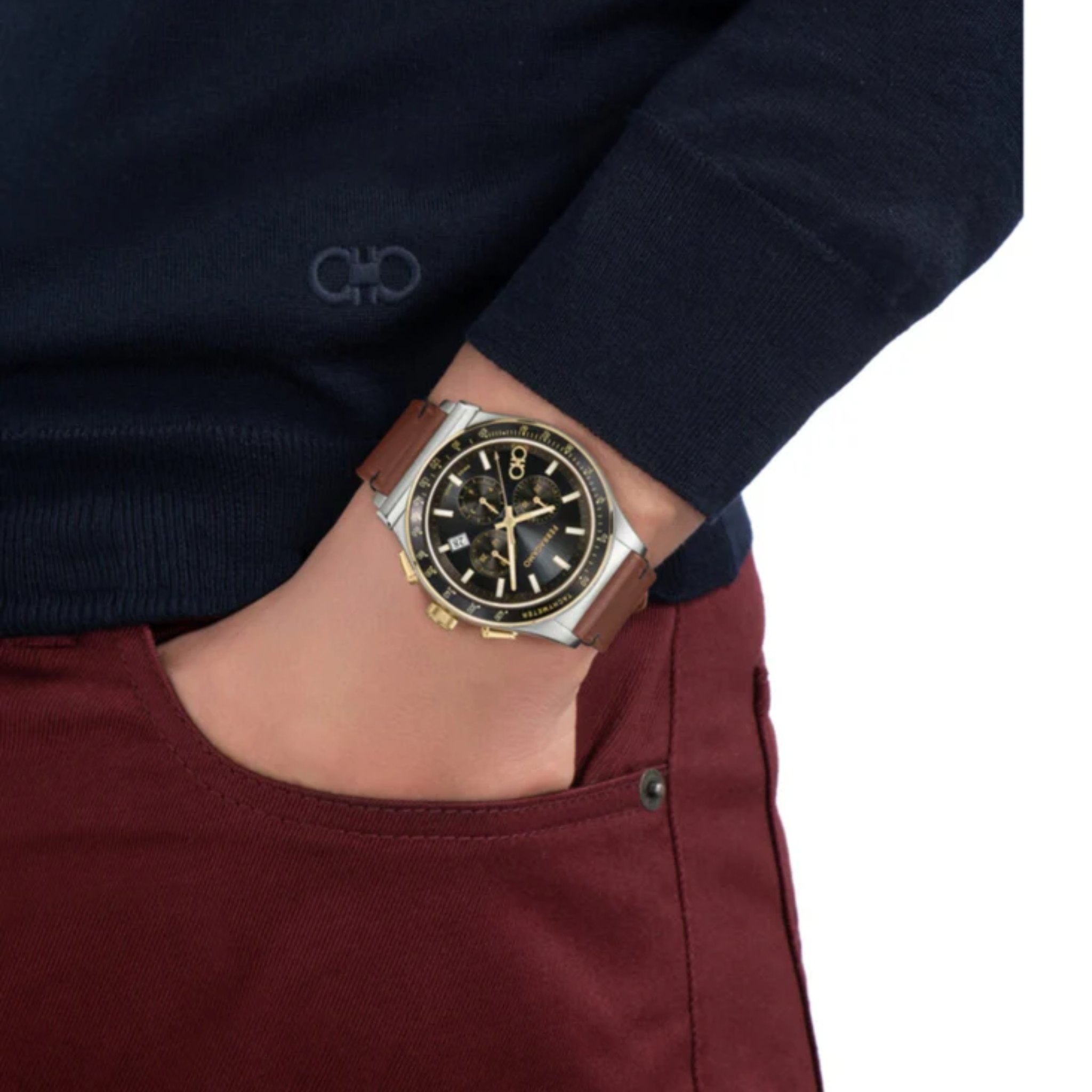 Salvatore Ferragamo 1927 Chrono Analog Black Dial Brown Leather Strap Watch for Men - SFKZ00323