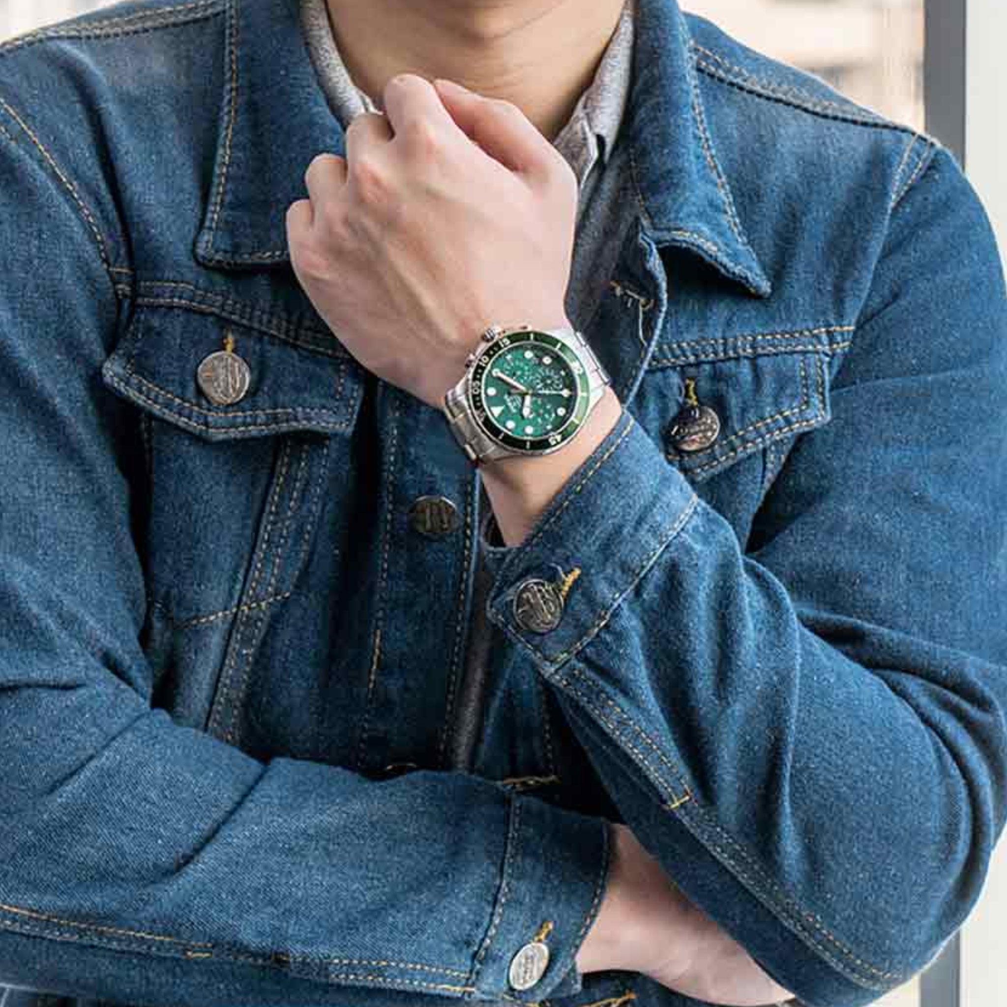 Fossil FB-03 Chronograph Green Dial Silver Steel Strap Watch for Men - FS5726