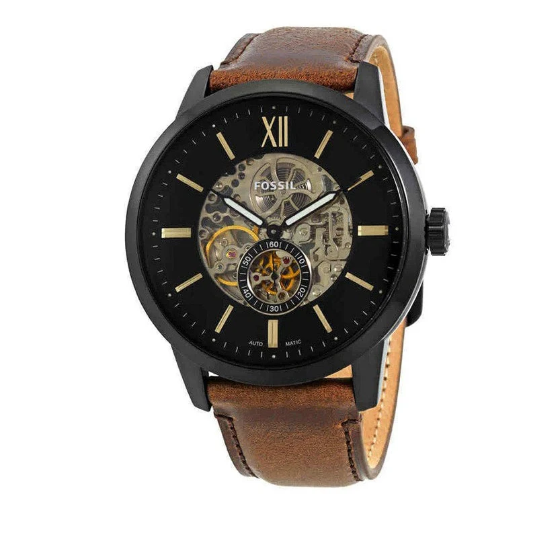 Fossil Townsman Automatic Black Dial Brown Leather Strap Watch for Men - ME3155