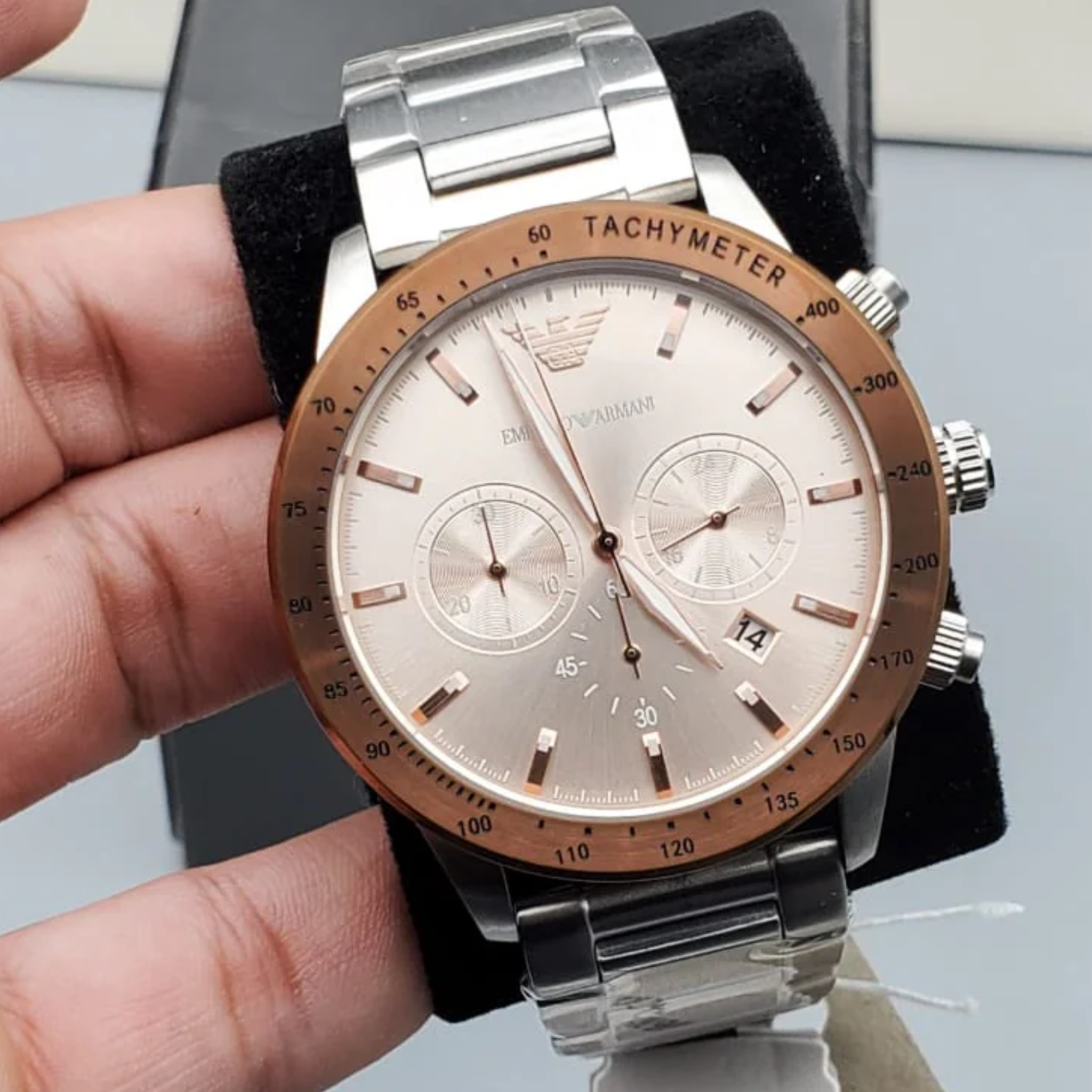 Emporio Armani Men's Chronograph Date Bracelet Strap Watch, Silver/Rose Gold AR11352