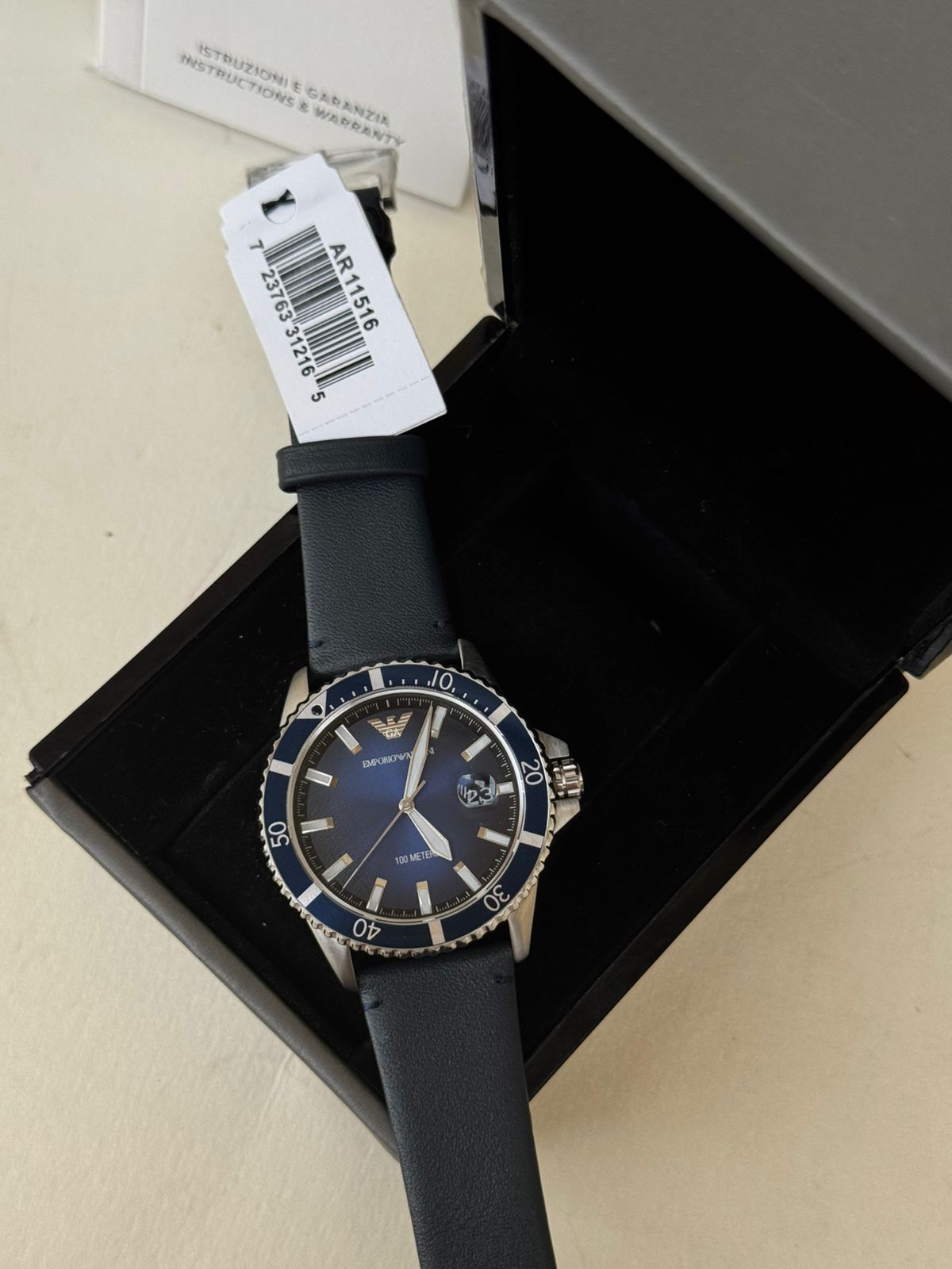 Emporio Armani Diver Black Leather Strap Blue Dial Quartz Watch for Gents - AR11516