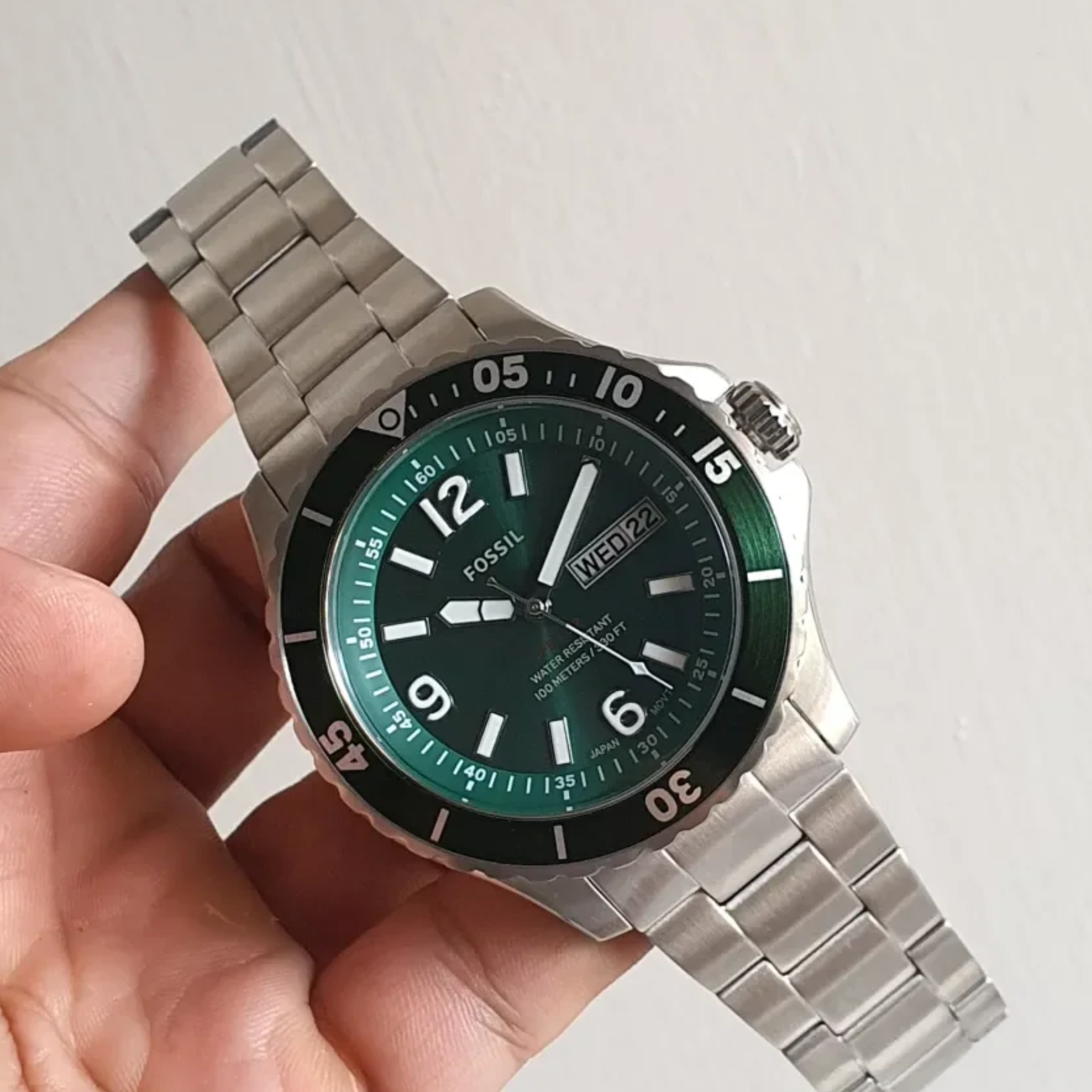 Fossil FB-03 Chronograph Green Dial Silver Steel Strap Watch for Men - FS5726