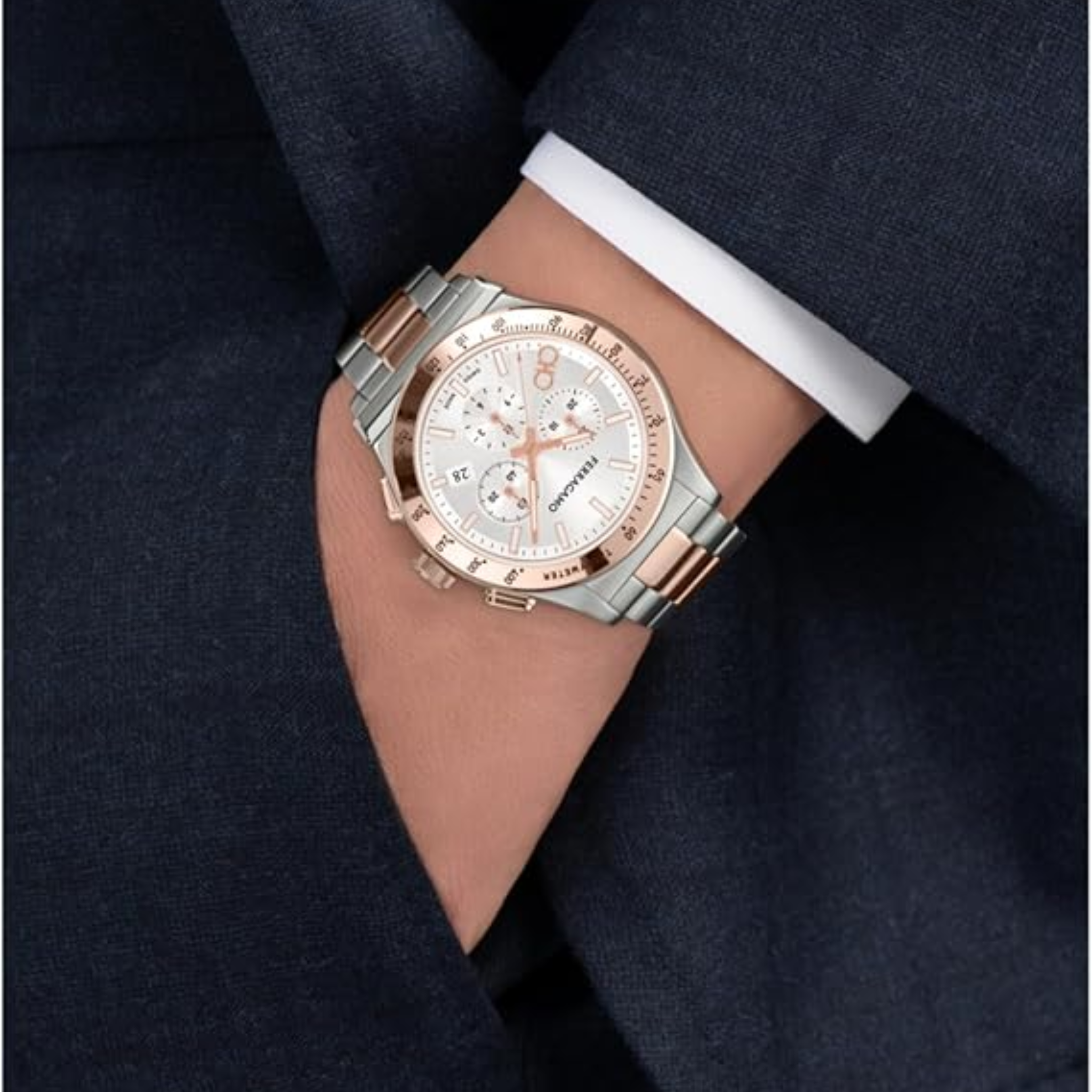 Ferragamo Ferragamo 1927 Chrono Collection Luxury Mens Watch Timepieces with a Two Tone Bracelet and Case Featuring a Silver Dial, Two Tone-SFKZ00623, OS, Ferragamo | Ferragamo 1927