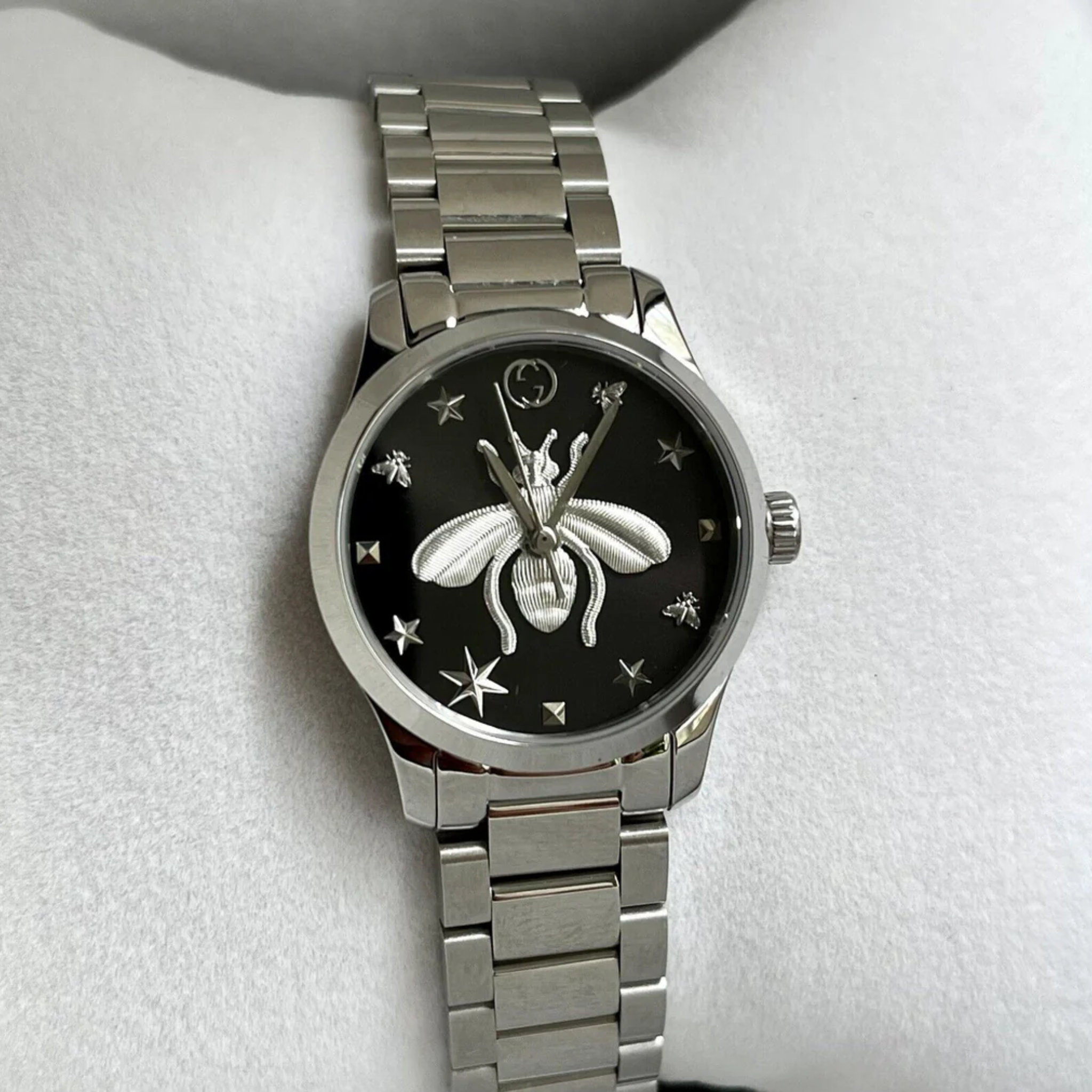 Gucci G Timeless Quartz Diamonds Black Dial Silver Steel Strap Watch For Women - YA1265024