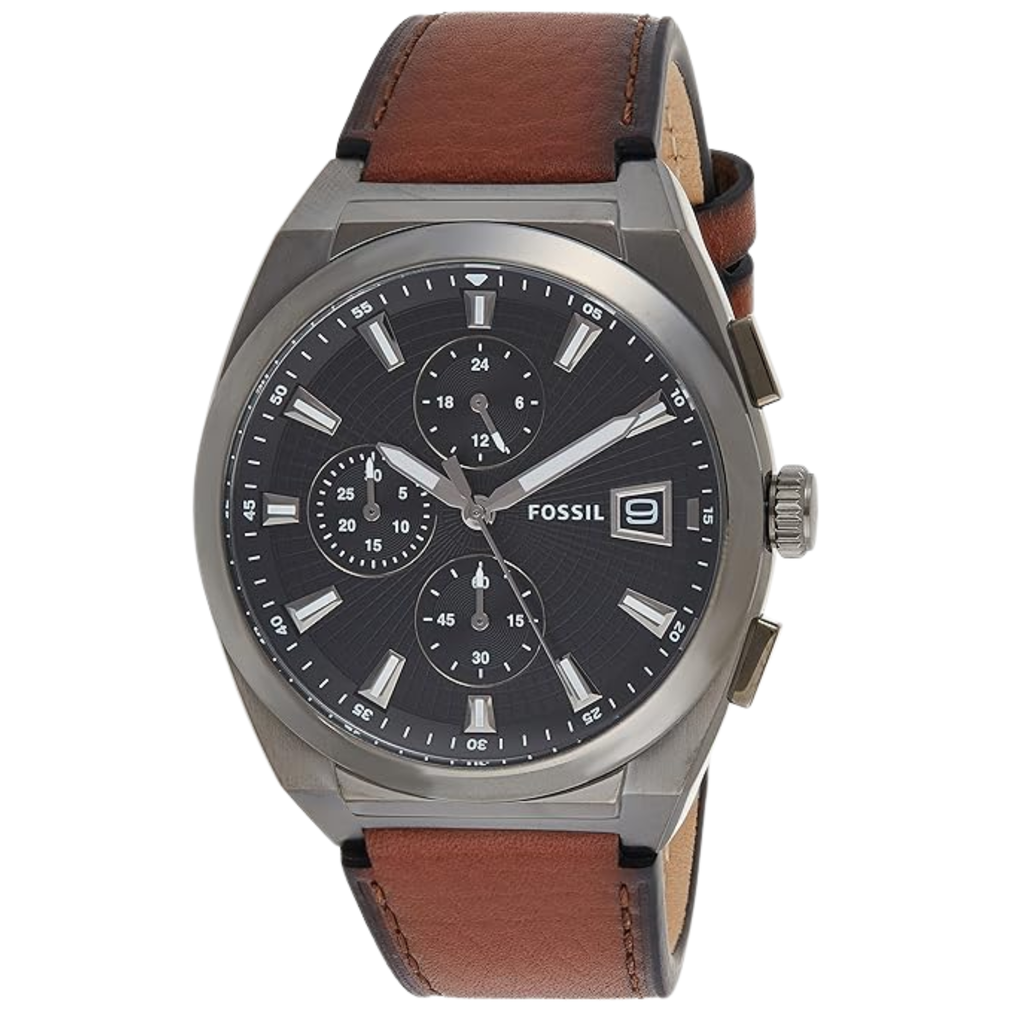 Fossil Everett Brown Leather Strap Grey Dial Chronograph Quartz Watch for Gents - FS5799