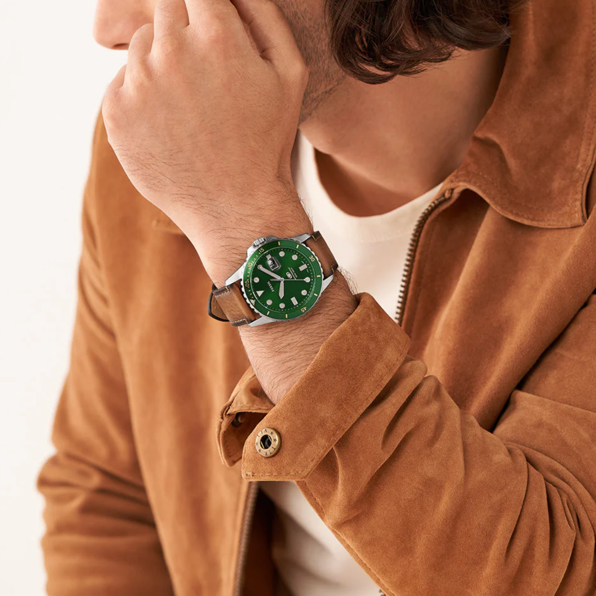 Fossil Dillinger Luggage Chronograph Green Dial Brown Leather Strap Watch for Men - FS5734