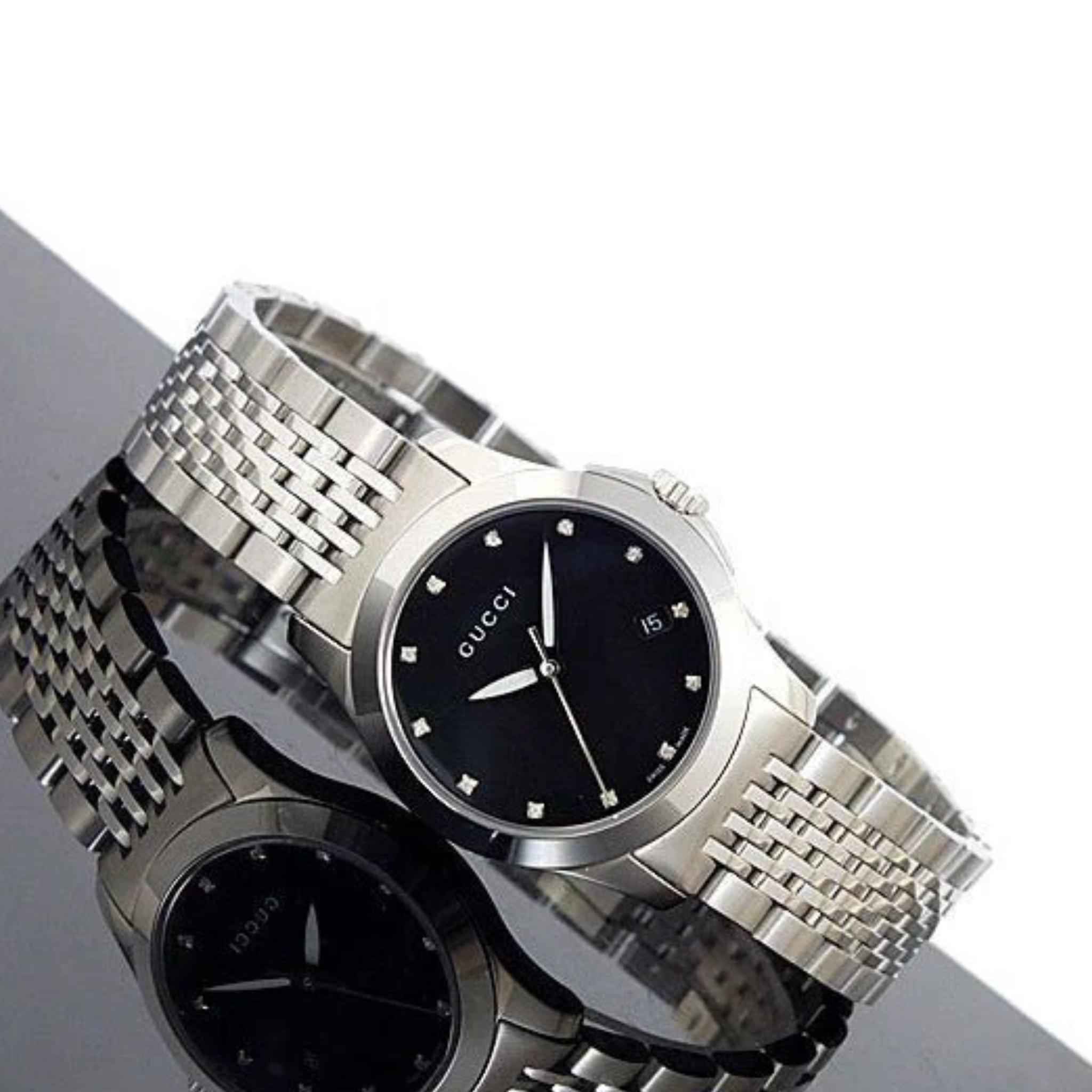 Gucci G Timeless Diamonds Mother of Pearl Black Dial Silver Steel Strap Watch For Women - YA126505