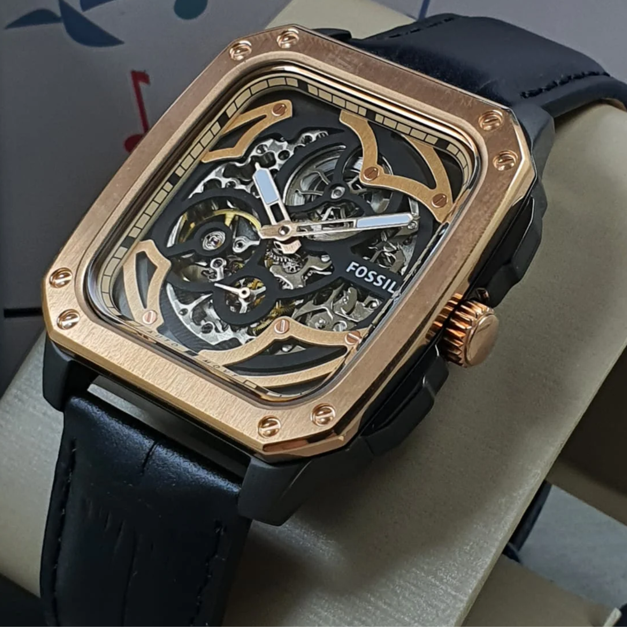 Fossil Inscription Black Leather Strap Skeleton Multicolor Dial Automatic Watch for Gents - BQ2572