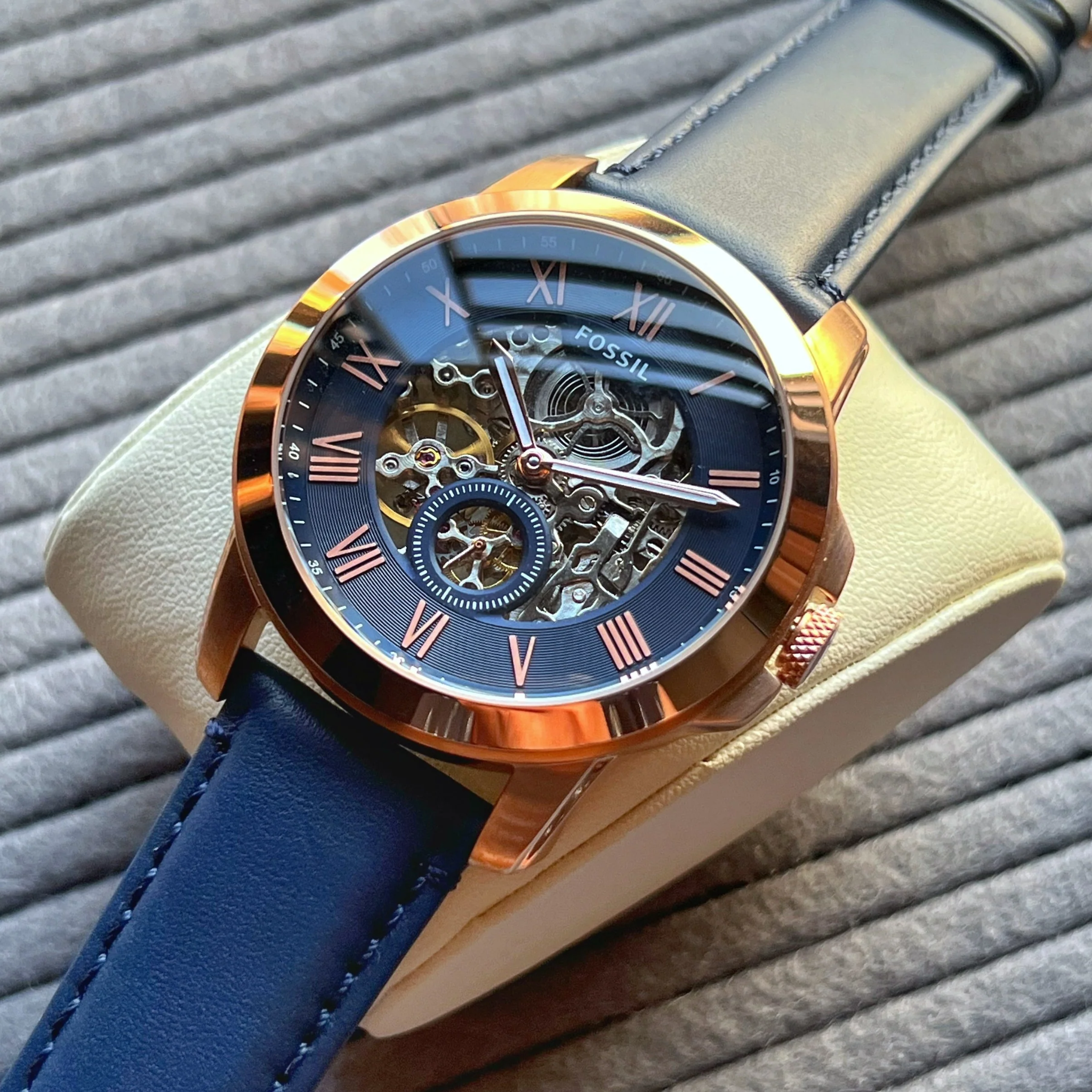 Fossil Grant Blue Leather Strap Skeleton Dial Automatic Watch for Gents - ME3054